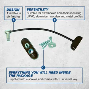 UAP Window Restrictor with Key - Window Safety Locks - 20cm Cable - All Types of Windows - 4 Locks - Chrome - Black Cable