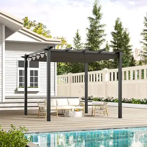 Dark Grey Sliding Retractable Roof Garden Gazebo Patio Deck Aluminum Pergola with Sun Shade Canopy 3x3M