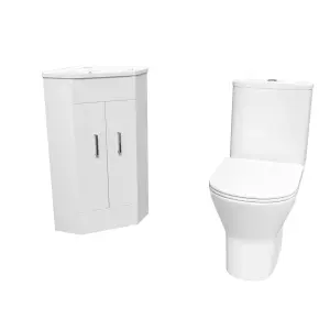 Nes Home White Corner Vanity Unit with Ceramic Basin & Round Rimless Toilet Set