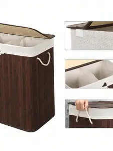 SONGMICS Laundry Basket With Lid - Bamboo Laundry Basket With 2 Sorting Compartments, Removable Bag, Volume 100L, Brown