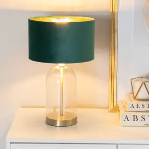 ValueLights Jessy Glass with Gold Trim Table Lamp with Forest Green Velvet with Gold Inner Lamp Shade