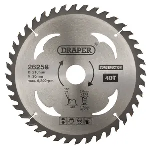 Draper  TCT Construction Circular Saw Blade, 216 x 30mm, 40T 26258