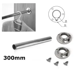 Wardrobe Round Rail Chrome Hanging Rail Free End Supports & Screws - Length 300mm