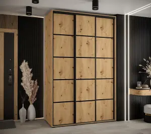 Cannes IV Elegant Oak Artisan Sliding Door Wardrobe 1600mm H2050mm D600mm with Black Steel Handles and Decorative Strips