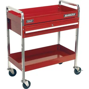 Durable 2-Tier Workshop Trolley with Lockable Drawer - 80kg Capacity in Red