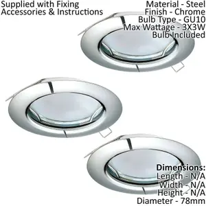 3 PACK Flush / Recessed Ceiling Downlight Chrome Steel 3 x 3W GU10 Bulb