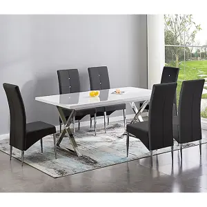 Mayline Extending White Dining Table With 6 Vesta Black Chairs