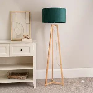 ValueLights Lottie Natural Wood Tripod Floor Lamp with Forest Green Velvet Drum Shade