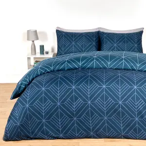 Geo Duvet Cover Bedding Set Pillowcase Reversible Art Deco Quilt, Navy - Double