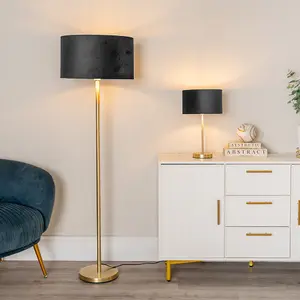 ValueLights Charles Gold Stem Table Lamp with Black Velvet with Gold Inner Lamp Shade and LED Bulb