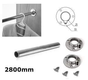 Wardrobe Round Rail Chrome Hanging Rail Free End Supports & Screws - Length 2800mm