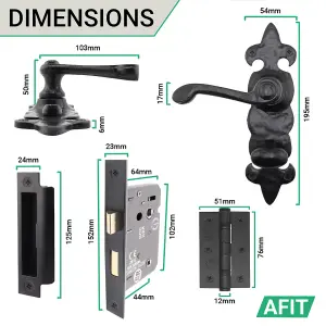 AFIT Black Antique Fleur De Lys Bathroom Door Handle Set - 1 Pair Cast Iron Internal Lever Handles, Hinges (76mm) & Lock (64mm)