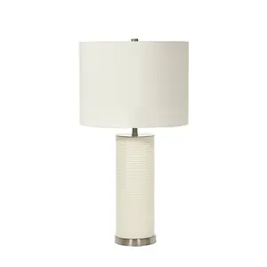 Table Lamp Ribbed White Resin Base White Faux Linen Shade White LED E27 60W