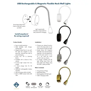 CGC MATILDA White Adjustable Flexible Neck LED Rechargeable Magnetic USB Reading Bedside Wall Light