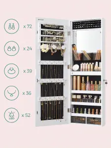 SONGMICS Wall Mounted Jewellery Cabinet Organizer With LED Lights, Storage Cupboard, Built-In Makeup Mirror, White