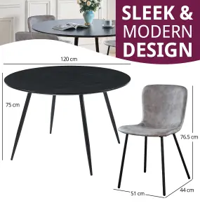 Hallowood Furniture Cullompton Large Round Black Dining Table 120cm with 4 Grey Leather Effect Chairs