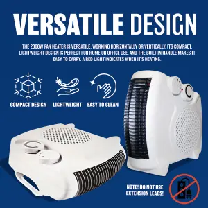 2000 Watts Thermo Fan Heater - 2 Heat Settings & Cool Blow, Thermostat, Thermal Auto Cut Off - 2kw - Overheat Protection White