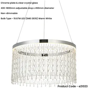 Hanging Ceiling Pendant Light - Chrome Plate & Clear Crystal Glass - 19.67W LED (Smd 2835) Warm White