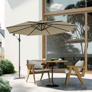 3M Khaki Crank Tilt Solar Banana Light Bar Umbrella Cantilever Parasol with Cross Base