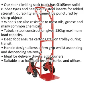 150Kg Heavy-Duty Stair Climbing Sack Truck with Solid Rubber Wheels - Ideal for Large Boxes in Red