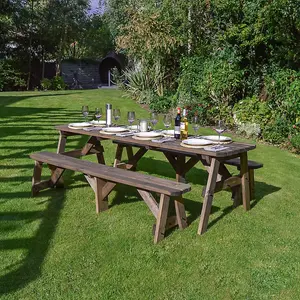 Oakham 8ft Rounded Picnic Table and Bench Set - L244 x W91 x H72 cm - Rustic Brown