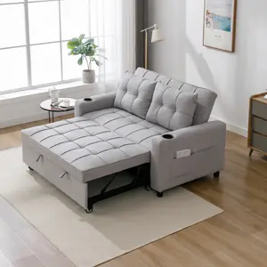 Hudson 2-Seater Sofa Bed Linen Fabric With Cup Holders Light Grey