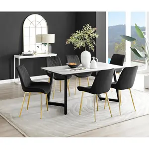 Industrial Design White & Grey Marble Effect Melamine Dining Table Set with 6 Luxury Velvet Chairs Black/Gold