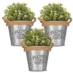 LIVIVO Zinc Plant Pot with Cotton Rope Handles - 'Flowers & Garden' Design for Outdoor or Indoor, Flower Herb & Pot (Set of 3)