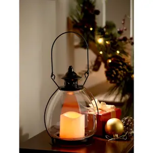 Metal & Glass Shepherds Lantern with LED Faux Candle - Freestanding or Hanging Decoration - H28cm x 15cm Diameter