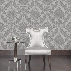 Holden Décor Opus Clara Charcoal Glitter effect Damask Embossed Wallpaper