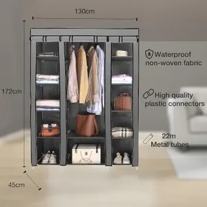 Fabric Canvas Wardrobe Organizers Clothes Rail Shelves Storage Closet Triple - Grey