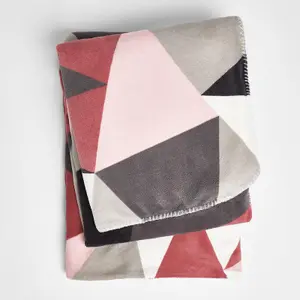 Dreamscene Geometric Shapes Fleece Throw Warm Coral Blanket, 150 x 180cm - Blush