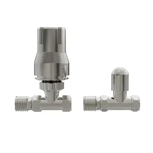 Rinse Bathrooms Straight Thermostatic Radiator Valve TRV + Lockshield 15mm Satin Nickel