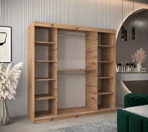 Elypse Contemporary 2 Mirrored Sliding Door Wardrobe 9 Shelves 2 Rails Artisan Oak Effect (H)2000mm (W)2000mm (D)620mm