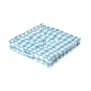 Homescapes Blue Block Check Cotton Gingham Floor Cushion, 40 x 40 cm