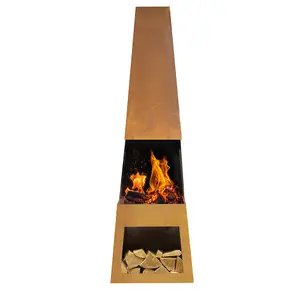 45x150cm Corten Steel Chiminea Wood Burner with Firewood Storage for Outdoor Heating