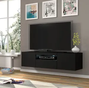 Aura Modern TV Cabinet 150cm in Black Matt with Blue LED Lighting - W1500mm x H36-420mm x D370mm