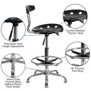 Vibrant Chrome Drafting Stool with Tractor Seat Black