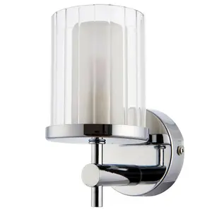 IP44 Bathroom Wall Light Chrome & Clear Ridged Glass Modern Round Dimmable Lamp