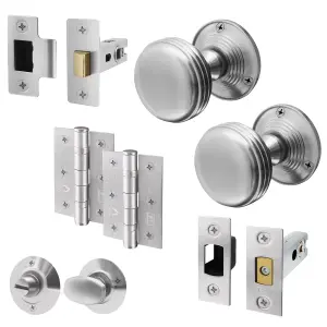 AFIT Lined Door Knob Set Satin Chrome, 1 Pair of Mortice Knobs (55mm), Latch & Deadbolt Kit (76mm), Hinges (76mm) & Turn & Release