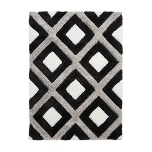 Black White Shaggy Modern Easy to Clean Geometric Rug For Dining Room -80cm X 150cm