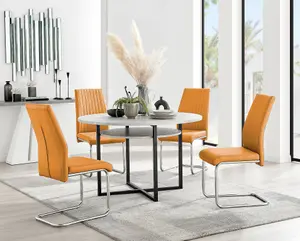 Adley Grey Concrete Effect And Black Round Dining Table with Storage Shelf 4 Mustard Lorenzo Chairs for Modern Sleek Dining Room