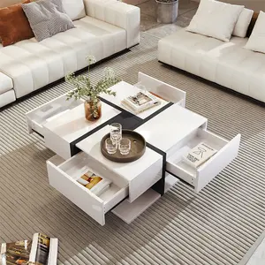 Coffee Table, Table with 4 Drawers, color Matching and Line Design, Storage Space at the Bottom.