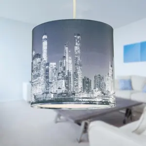 First Choice Lighting 20cm Lamp Shade Ceiling Light Digital Printed Fabric New York Skyline At Night