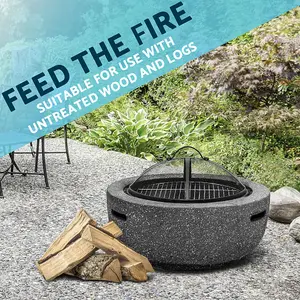 60cm Dark Grey Round Fire Pit and BBQ Grill for Garden Parties