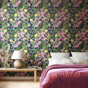 Hoopla Walls Paradise Indigo & Pink Smooth Matt Wallpaper