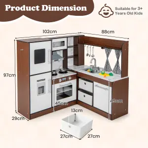 Costway Corner Play Kitchen for Kids Wooden Toddler Kitchen Playset w/ Lighted Range Hood