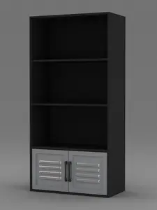 URBNLIVING 4 Tier Black Wooden Bookcase Cupboard With Grey Metal Doors Storage Display Cabinet Unit