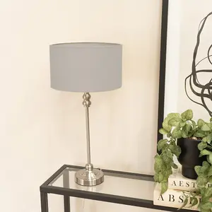 ValueLights Maggie Brushed Chrome Candlestick Slim Table Lamp with Grey Fabric Drum Lamp Shade