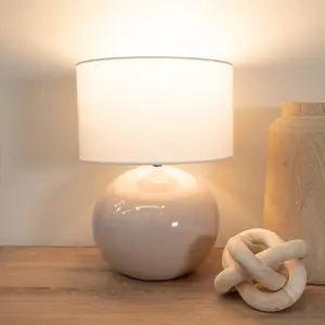 ValueLights Bosco Stone Natural Ceramic Table Lamp with White Drum Shade - LED Bulb Included